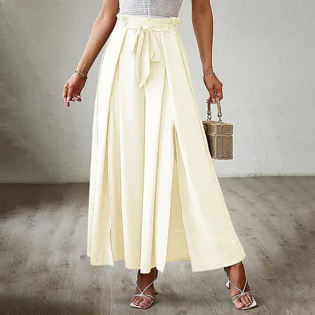 Women's Pants Solid Color Elastic High Waist Wide Leg Trousers - WanderMart Co.