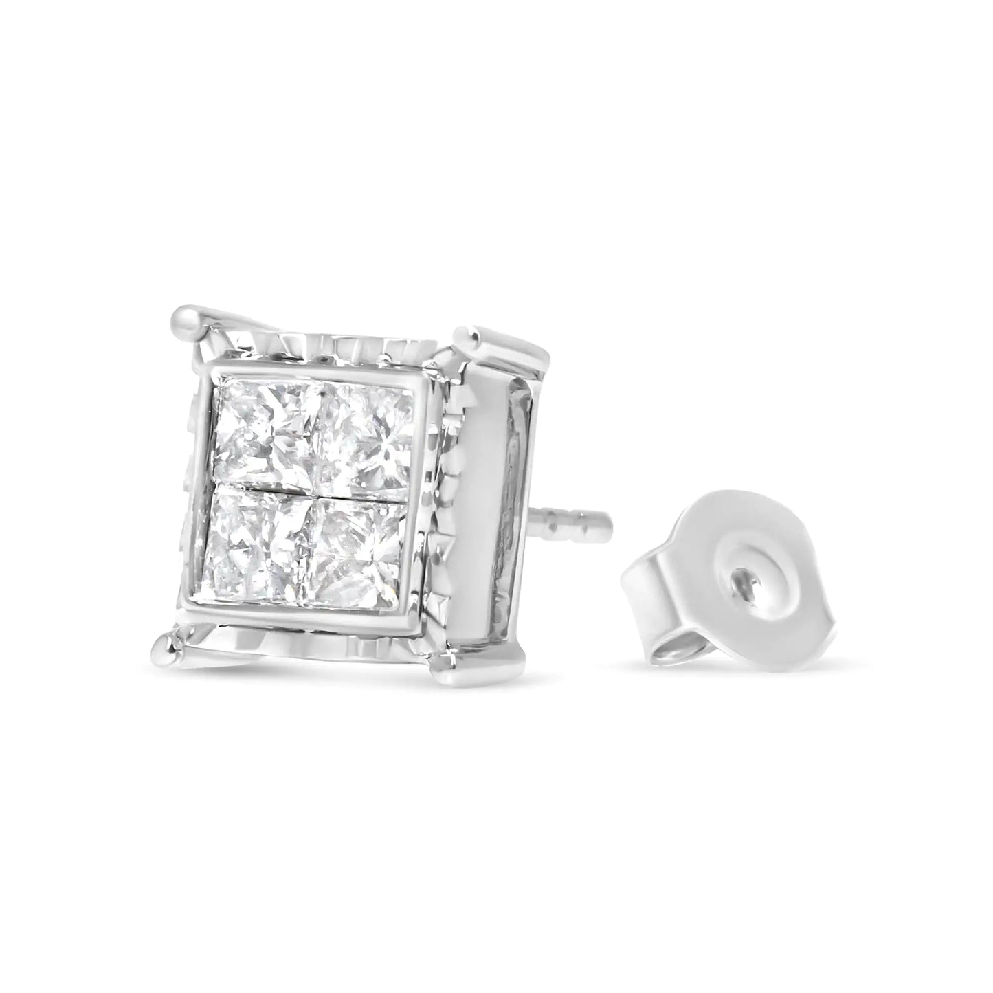 14K White Gold 1 1/2 Cttw Invisible Set Princess-Cut Diamond Contemporary Wavy Quad Stud Earrings (I-J Color, I1-I2 Clarity) - WanderMart Co.