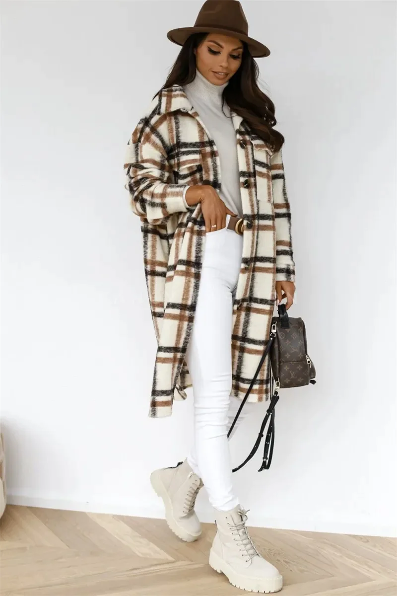 Women's Plaid Printed Long Overcoat Jacket - WanderMart Co.