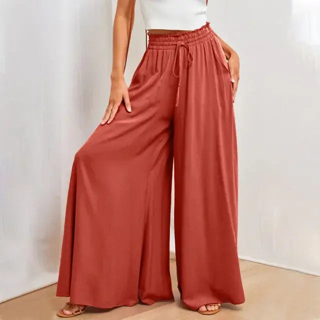 Women's Pants Solid Color Elastic High Waist Wide Leg Trousers - WanderMart Co.