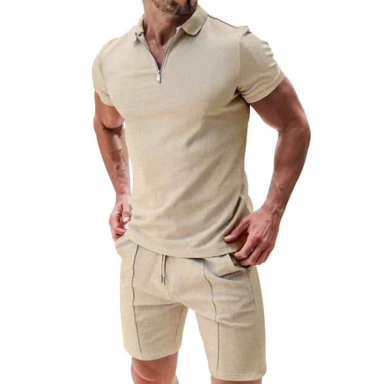 Men's 2-Piece Waffle Zip Polo & Drawstring Shorts Set - WanderMart Co.