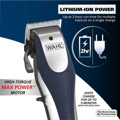 Wahl Lithium Ion Pro Rechargeable Cordless Hair Clippers for Men, Woman, & Children with Smart Charge Technology for Convenient at Home Haircutting - Model 79470 Sliver 22 Piece Set - WanderMart Co.