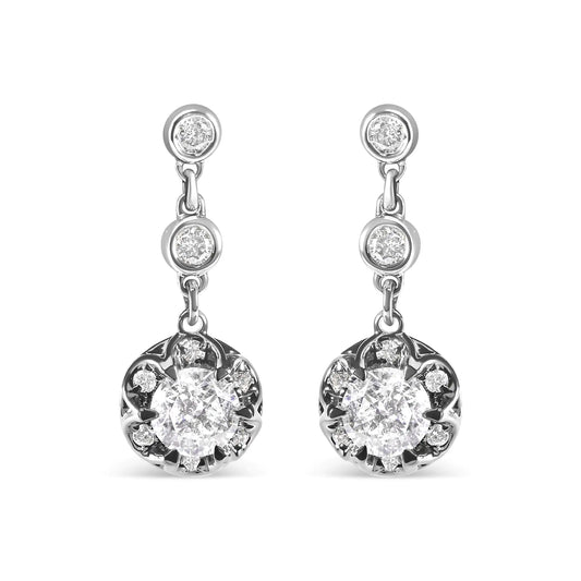 14k White Gold 5/8 Cttw Diamond Halo Drop and Dangle Earrings Stud with Bale (I-J Color, I1-I2 Clarity) - WanderMart Co.