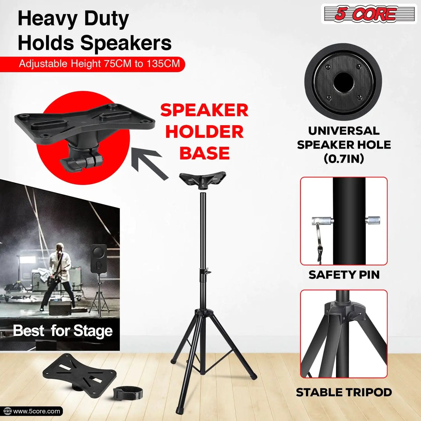 5 Core Speaker Stand Tripod Heavy Duty Adjustable Up to 72 Inch DJ Studio Monitor Stands Pole Mount Black - WanderMart Co.