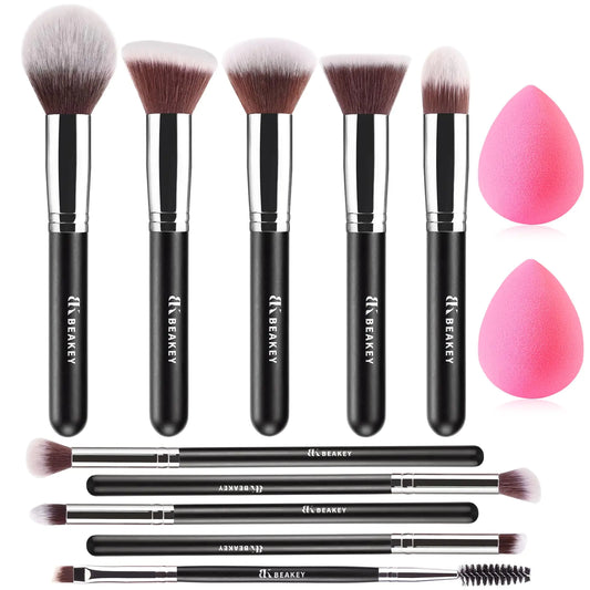 BEAKEY Makeup Brush Set Professional for Eye and Face, Blending Brush for Foundation, Eyeshadow, Concealer, Make up Brushes Pack with 2 Blender Sponge, Eye Shadow Brush with Paper Case, Gift for Women 10+2pcs Black and Silver - WanderMart Co.