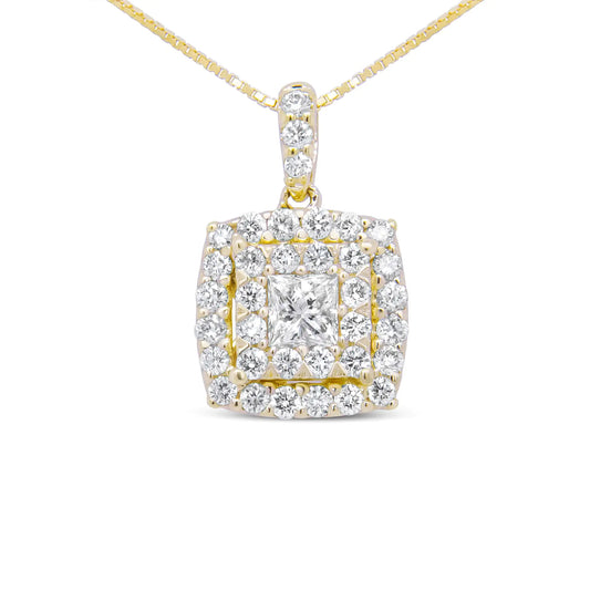 14K Yellow Gold 1/2 Cttw Round and Princess-Cut Diamond Double Halo 18" Pendant Necklace (H-I Color, SI2-I1 Clarity) - WanderMart Co.