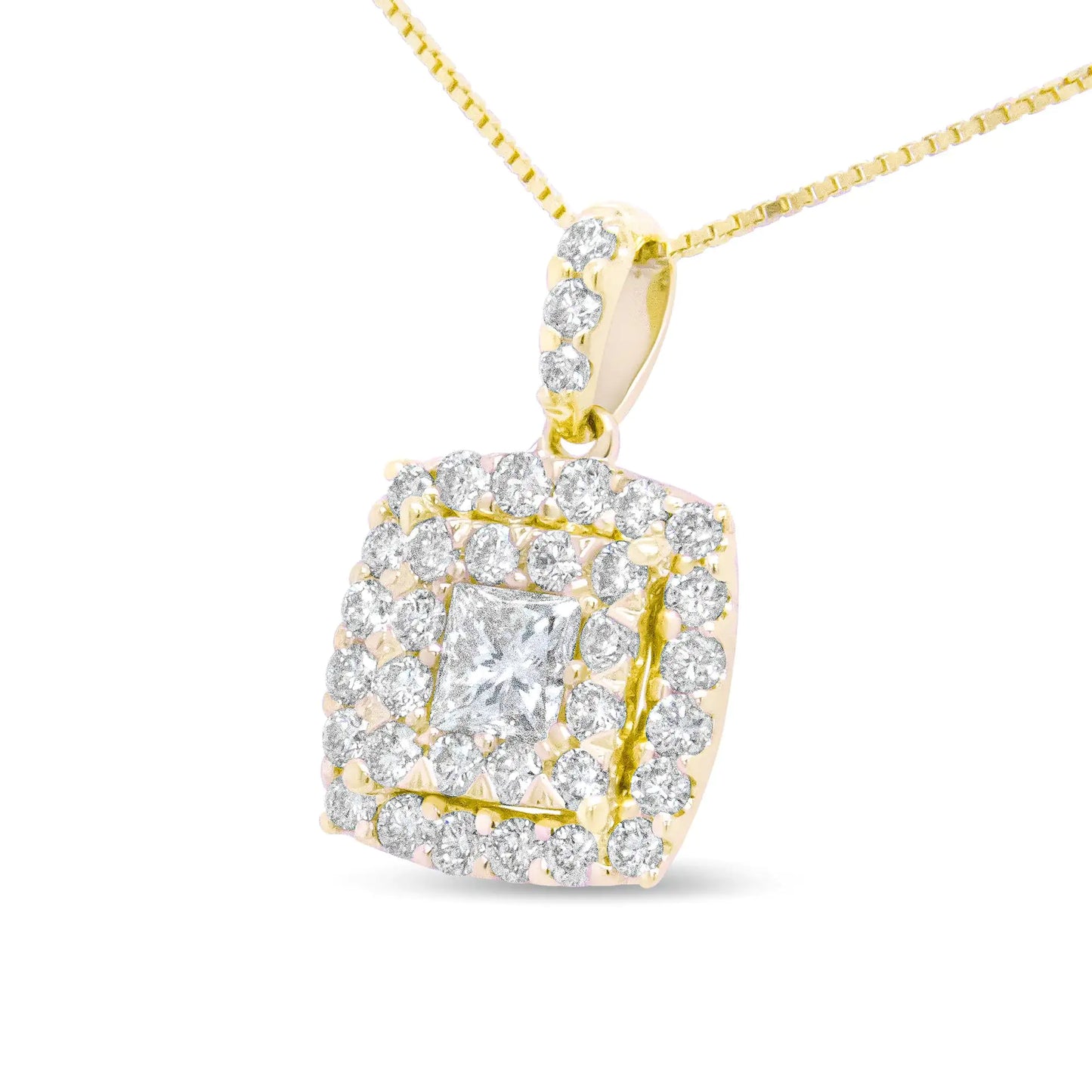 14K Yellow Gold 1/2 Cttw Round and Princess-Cut Diamond Double Halo 18" Pendant Necklace (H-I Color, SI2-I1 Clarity) - WanderMart Co.