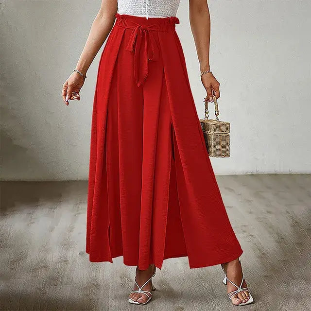 Women's Pants Solid Color Elastic High Waist Wide Leg Trousers - WanderMart Co.