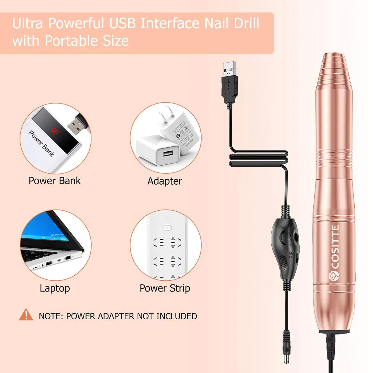 Electric Nail Drill, USB Electric Nail Drill Machine for Acrylic Nails, Portable Electrical Nail File Polishing Tool Manicure Pedicure Efile Nail Supplies for Home and Salon Use, Gold - WanderMart Co.