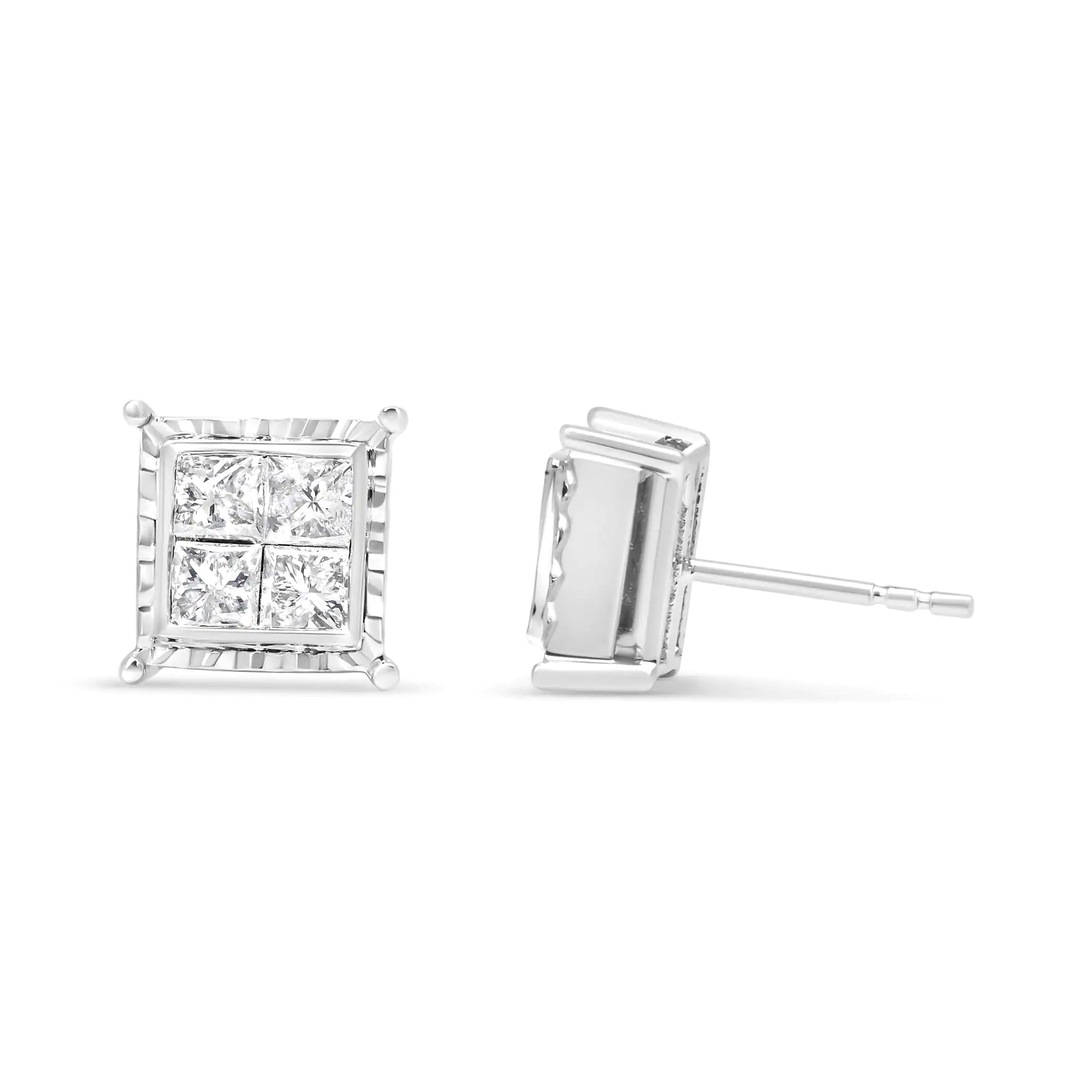 14K White Gold 1 1/2 Cttw Invisible Set Princess-Cut Diamond Contemporary Wavy Quad Stud Earrings (I-J Color, I1-I2 Clarity) - WanderMart Co.