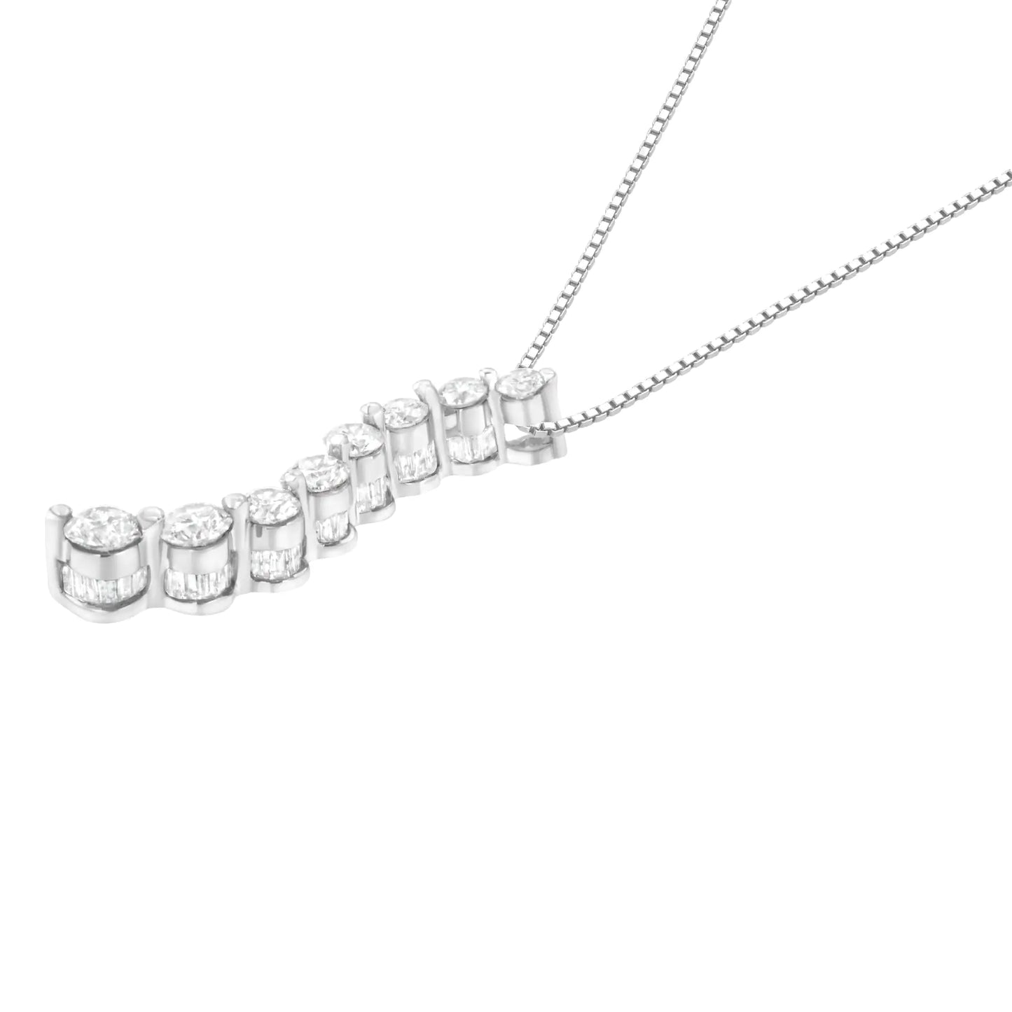 AGS Certified 14k White Gold 3.0 Cttw Baguette and Brilliant Round-Cut Diamond Journey 18" Pendant Necklace (K-L Color, I1-I2 Clarity) - WanderMart Co.