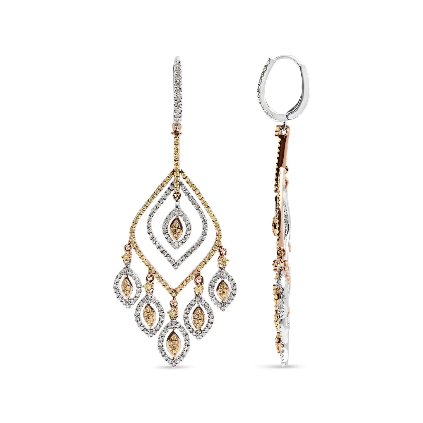 14K White and Rose Gold 2 1/2 Cttw Diamond Curved Rhombus Shape Drop and Chandelier Style Dangle Earring (J-K Color, I2-I3 Clarity) - WanderMart Co.