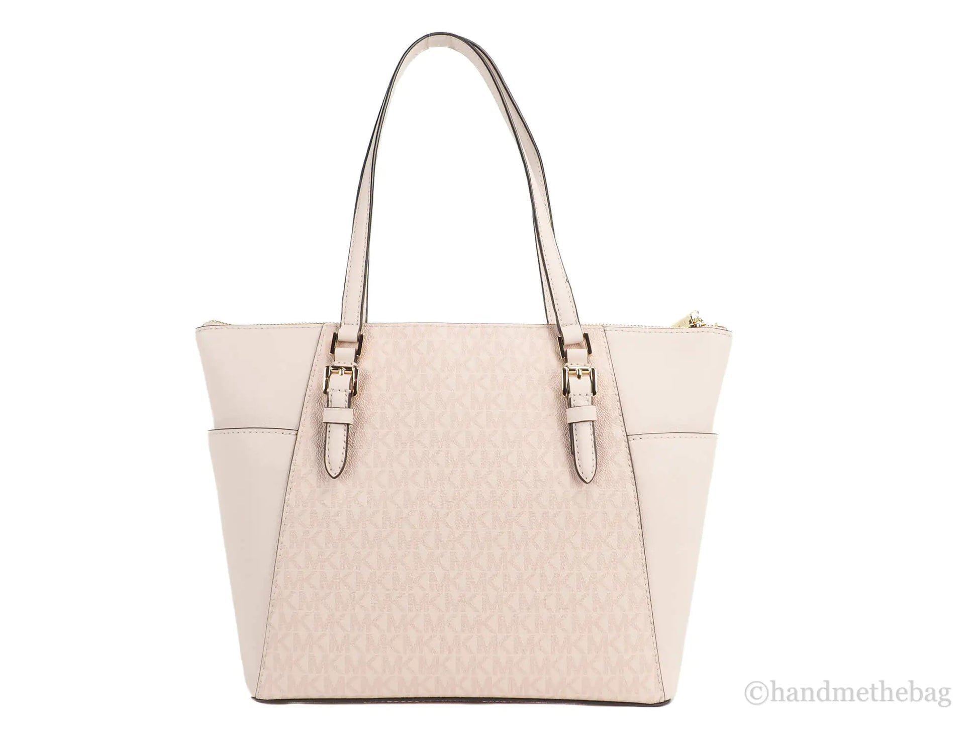 Michael Kors Charlotte Large Dark Powder Blush Signature PVC Top Zip Tote Handbag - WanderMart Co.