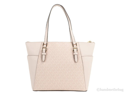 Michael Kors Charlotte Large Dark Powder Blush Signature PVC Top Zip Tote Handbag - WanderMart Co.