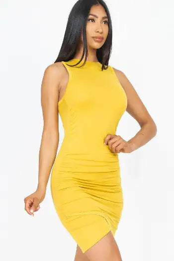 Shirred Bodycon Mini Dress- Stretch knit - Sleeveless - WanderMart Co.