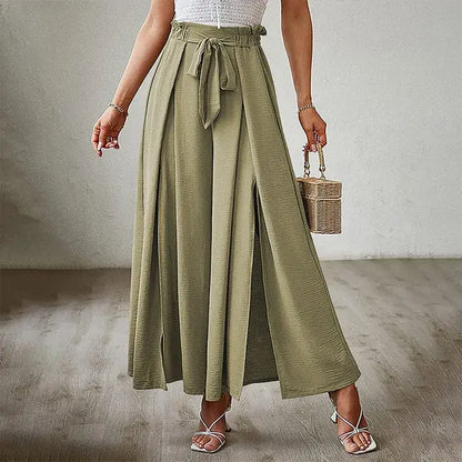 Women's Pants Solid Color Elastic High Waist Wide Leg Trousers - WanderMart Co.