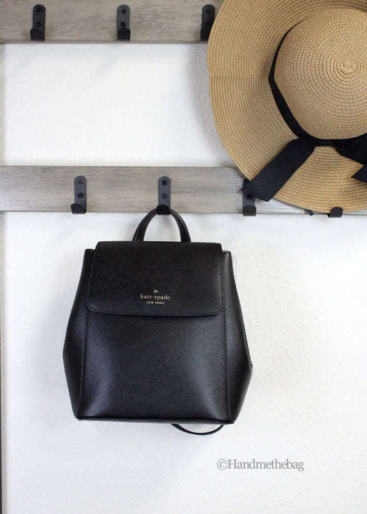 Kate Spade Madison Black Leather Medium Flap Backpack - WanderMart Co.