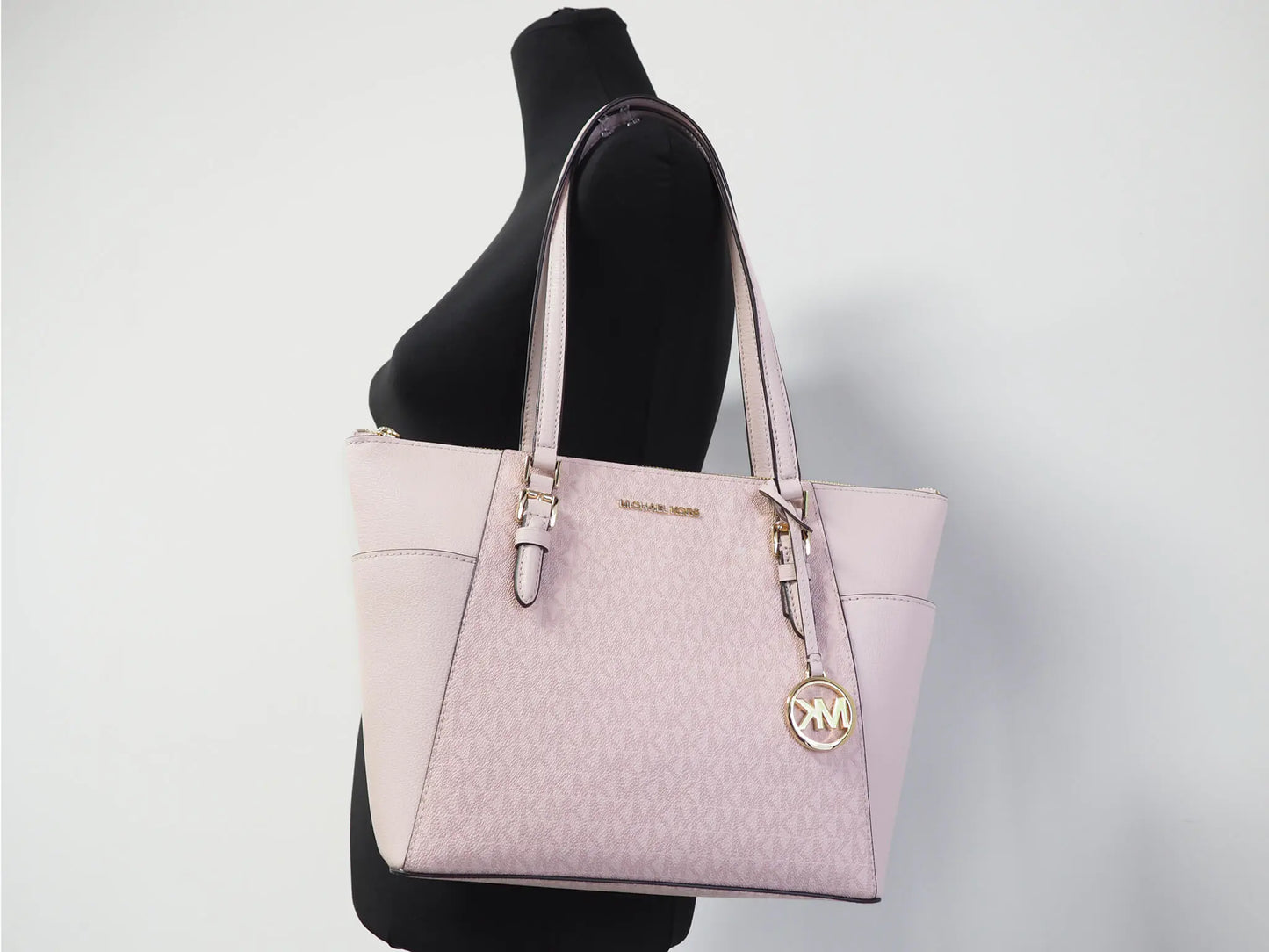 Michael Kors Charlotte Large Dark Powder Blush Signature PVC Top Zip Tote Handbag - WanderMart Co.