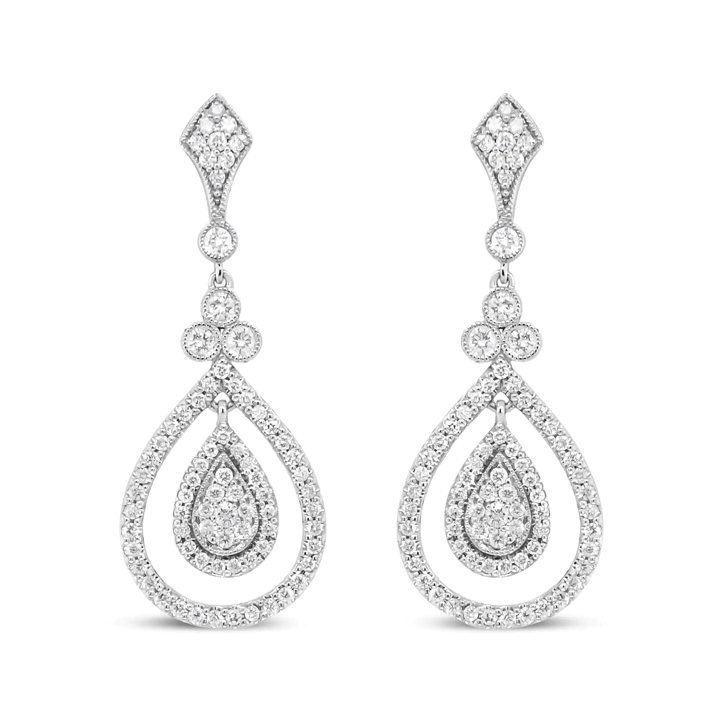 18K White Gold 1 1/4 Cttw Round Diamond Openwork Teardrop-Shaped Dangle Earrings (F-G Color, VS1-VS2 Clarity) - WanderMart Co.