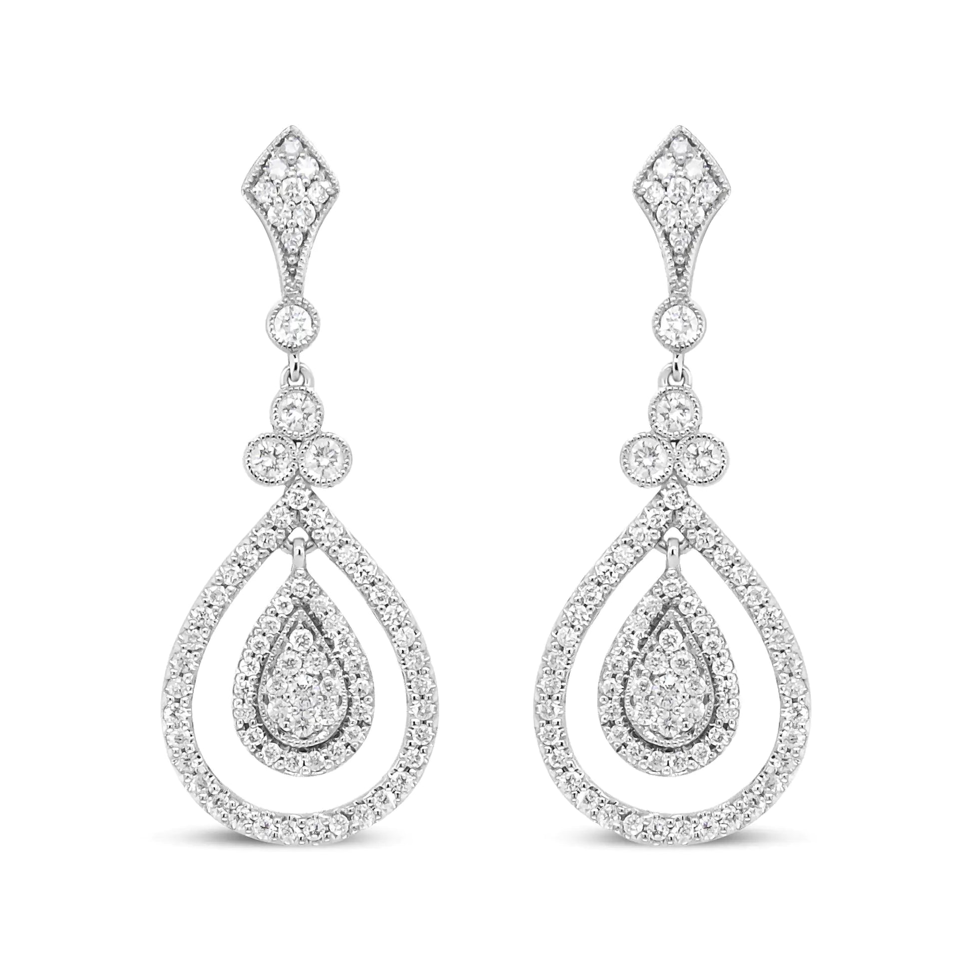 18K White Gold 1 1/4 Cttw Round Diamond Openwork Teardrop-Shaped Dangle Earrings (F-G Color, VS1-VS2 Clarity) - WanderMart Co.