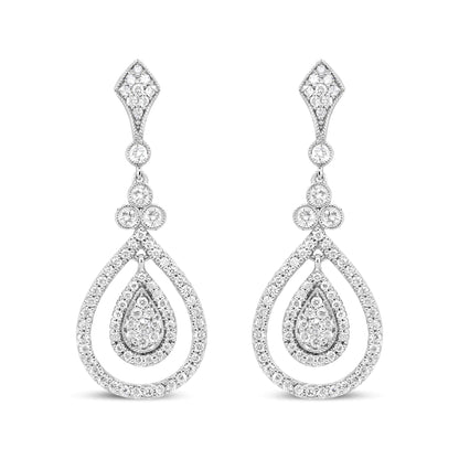 18K White Gold 1 1/4 Cttw Round Diamond Openwork Teardrop-Shaped Dangle Earrings (F-G Color, VS1-VS2 Clarity) - WanderMart Co.