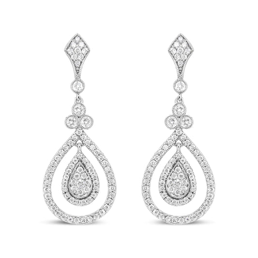 18K White Gold 1 1/4 Cttw Round Diamond Openwork Teardrop-Shaped Dangle Earrings (F-G Color, VS1-VS2 Clarity) - WanderMart Co.