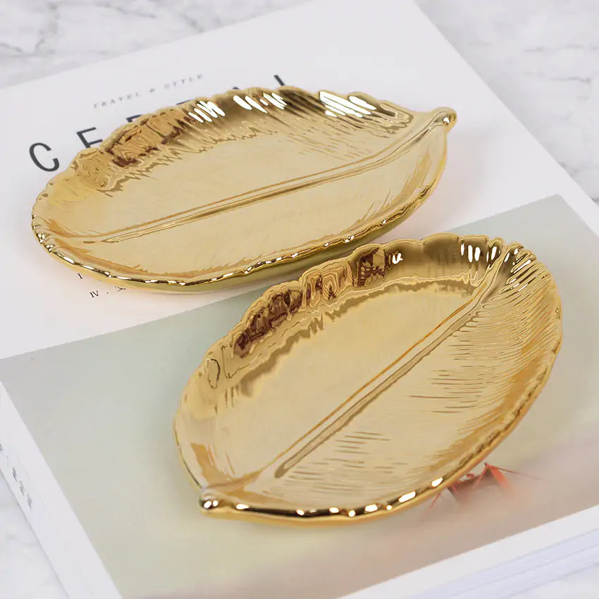 Nordic Ins Gold Leaf Ceramic Storage Tray - WanderMart Co.