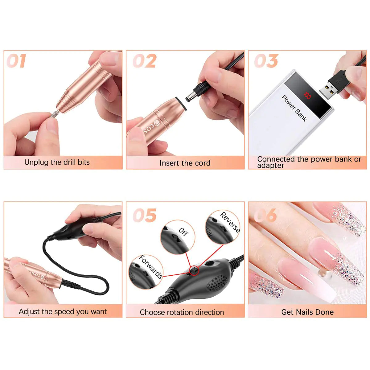 Electric Nail Drill, USB Electric Nail Drill Machine for Acrylic Nails, Portable Electrical Nail File Polishing Tool Manicure Pedicure Efile Nail Supplies for Home and Salon Use, Gold - WanderMart Co.