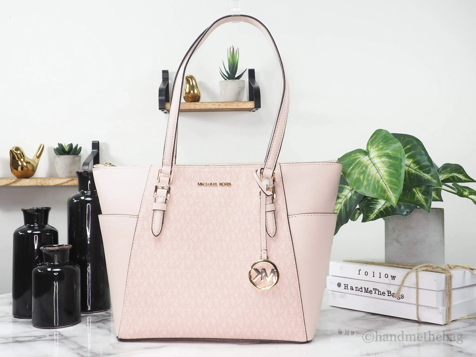 Michael Kors Charlotte Large Dark Powder Blush Signature PVC Top Zip Tote Handbag - WanderMart Co.