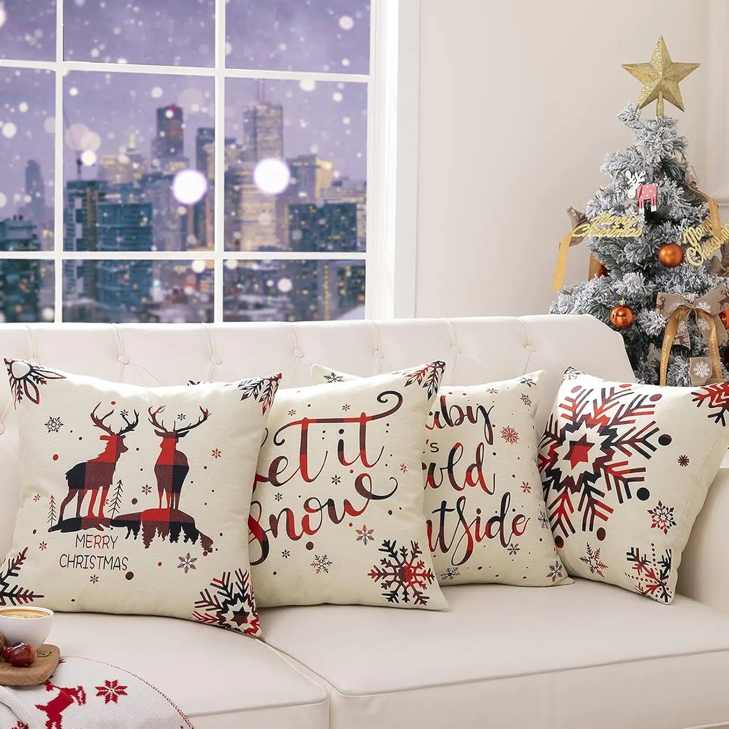 4 Pack Christmas Pillow Covers 18X18 Inch Linen Holiday Decorative Throw Pillow Covers for Sofa, Couch, Outdoor, Farmhouse and Home Christmas Decor - WanderMart Co.