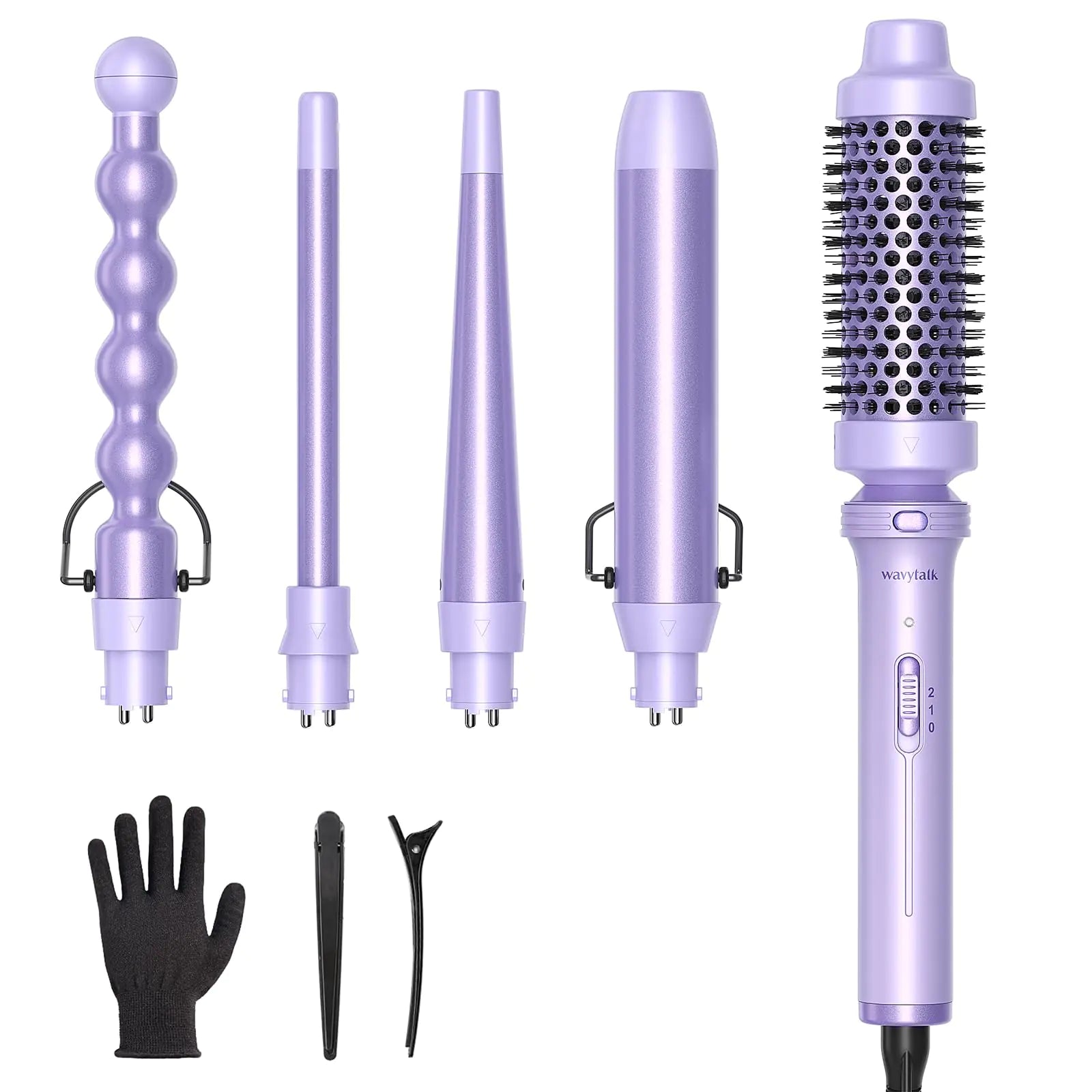 Wavytalk 5 in 1 Curling Iron,Curling Wand Set with Curling Brush and 4 Interchangeable Ceramic Curling Wand(0.5”-1.25”),Instant Heat Up,Include Heat Protective Glove & 2 Clips (Purple) Curling Wand （0.5"-1.25" ） Purple Lavender - WanderMart Co.