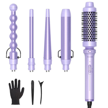 Wavytalk 5 in 1 Curling Iron,Curling Wand Set with Curling Brush and 4 Interchangeable Ceramic Curling Wand(0.5”-1.25”),Instant Heat Up,Include Heat Protective Glove & 2 Clips (Purple) Curling Wand （0.5"-1.25" ） Purple Lavender - WanderMart Co.