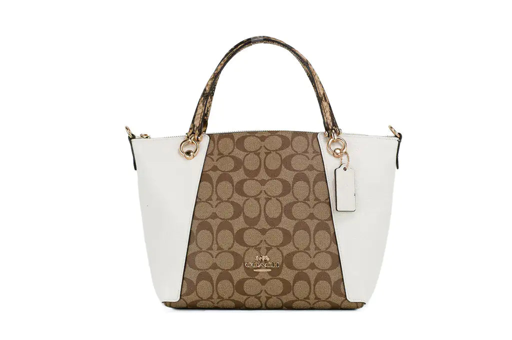 Coach (C7261) Kacey Khaki Chalk Blocked Canvas Top Zip Satchel Crossbody Handbag - WanderMart Co.