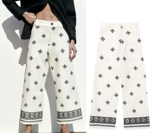 High-Waist Printed Linen Wide-Leg Pants - WanderMart Co.