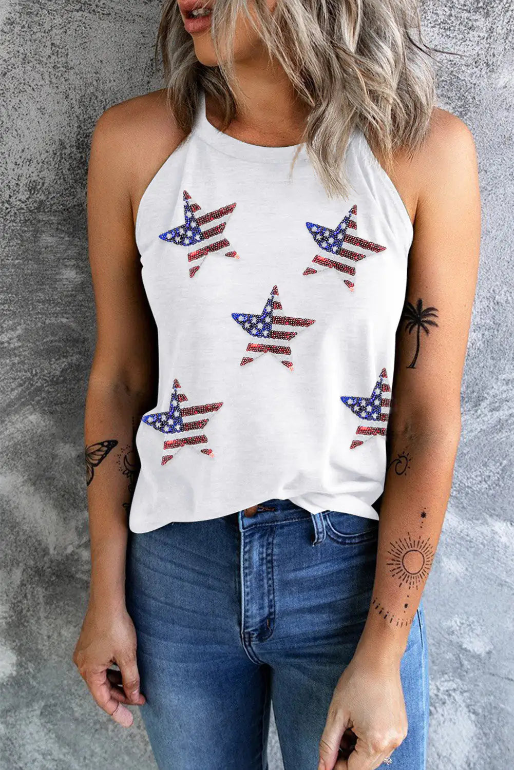 Sequin US Flag Star Grecian Neck Tank - WanderMart Co.