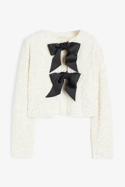 Chic Short Sequin Jacket With Bow - WanderMart Co.