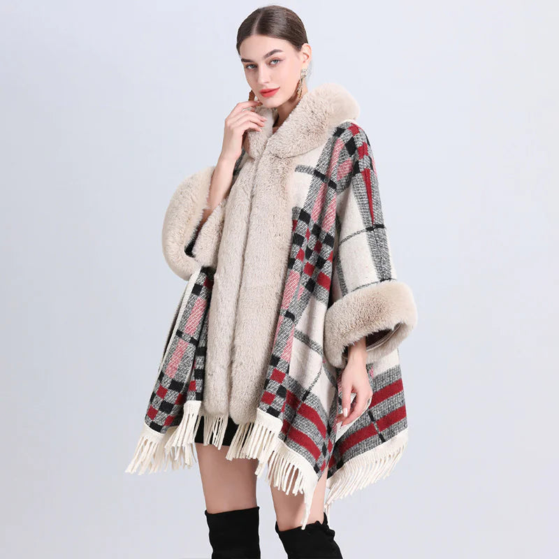 Chic Cashmere-Trimmed Plaid Inverness with Luxe Fur Collar - WanderMart Co.