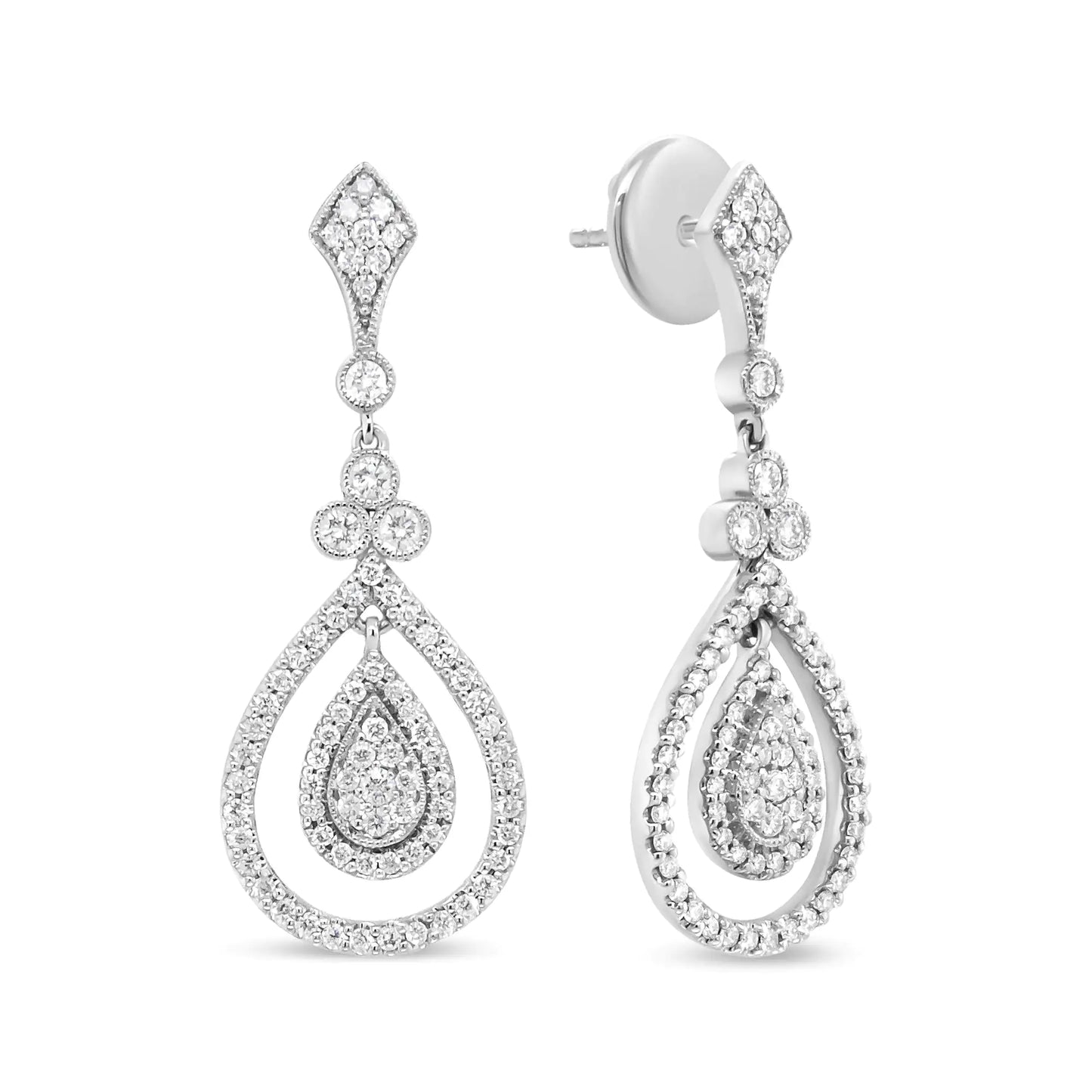 18K White Gold 1 1/4 Cttw Round Diamond Openwork Teardrop-Shaped Dangle Earrings (F-G Color, VS1-VS2 Clarity) - WanderMart Co.