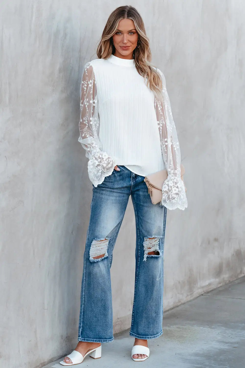 White Blouse with Contrast Lace - WanderMart Co.