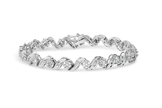 14K White Gold 2.00 Cttw Diamond Cluster and Spiral Link Bracelet (I-J Color, I1-I2 Clarity) - 7" - WanderMart Co.