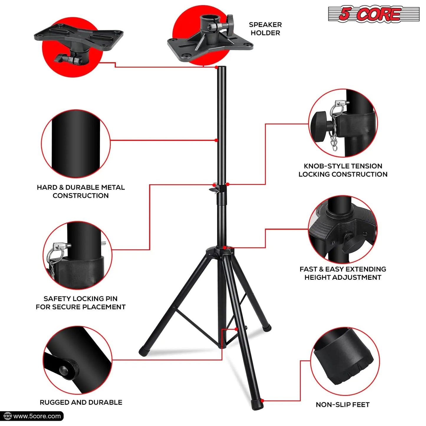 5 Core Speaker Stand Tripod Heavy Duty Adjustable Up to 72 Inch DJ Studio Monitor Stands Pole Mount Black - WanderMart Co.